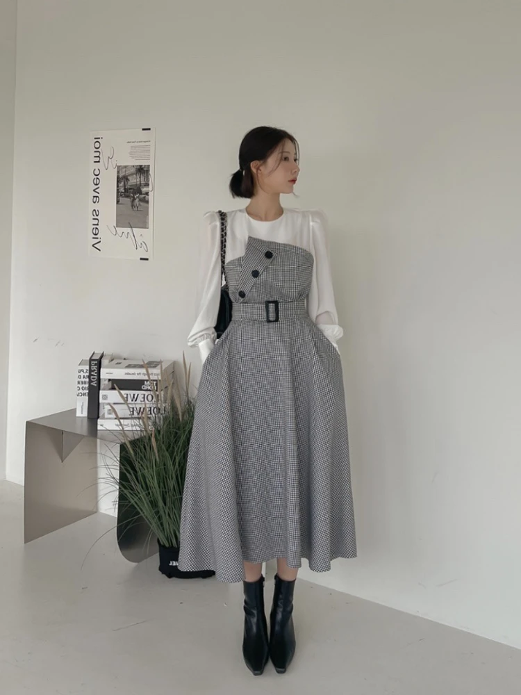 الخريف الرجعية جولة الرقبة وهمية قطعتين الربط اللباس الكورية العصرية تصميم عالية الخصر منقوشة فستان طويل الأكمام OL نمط فساتين