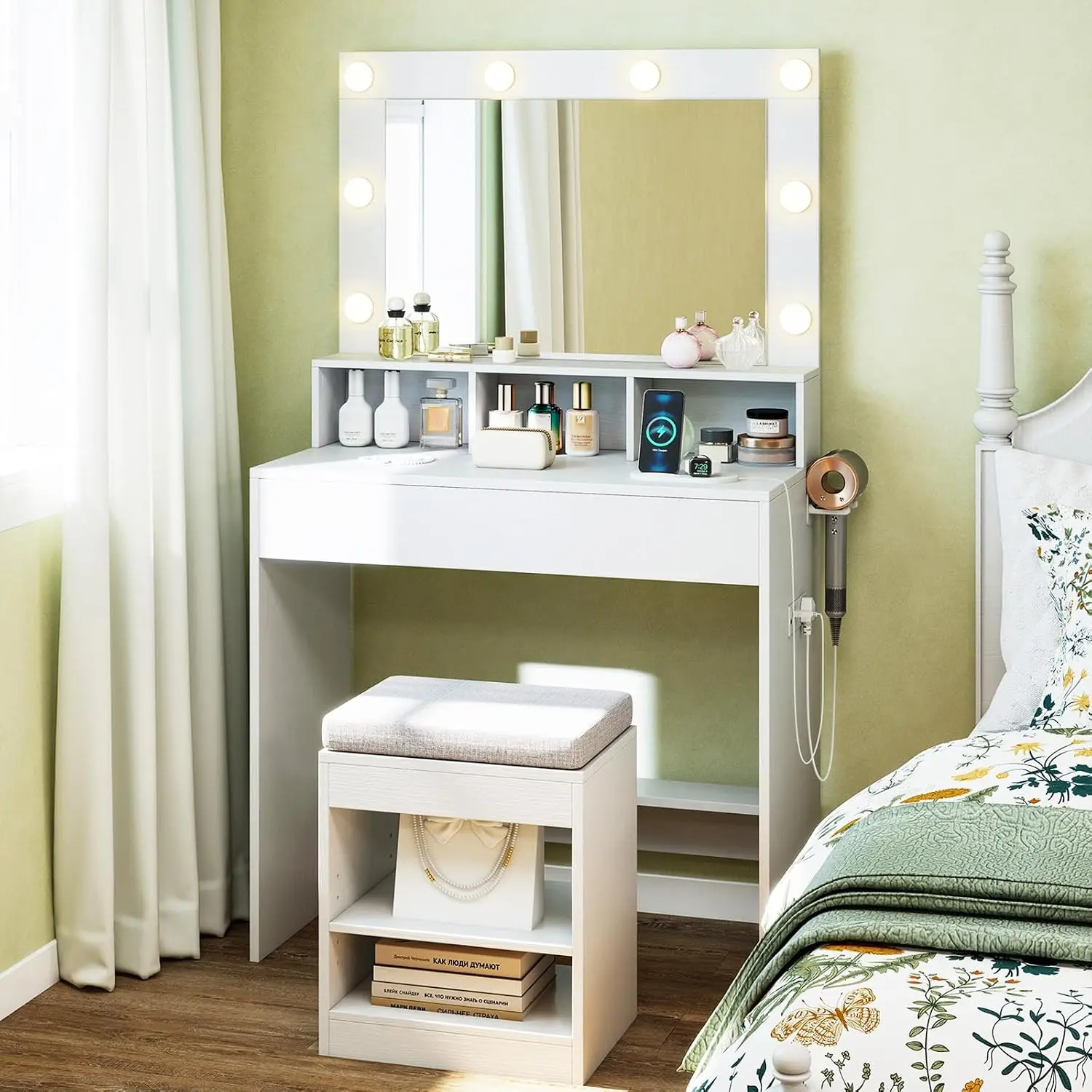 CHARMAID Vanity Desk with Mirror and Lights, White Makeup Vanity Set with Charging Station, Large Drawer & Shelves, Cushioned St