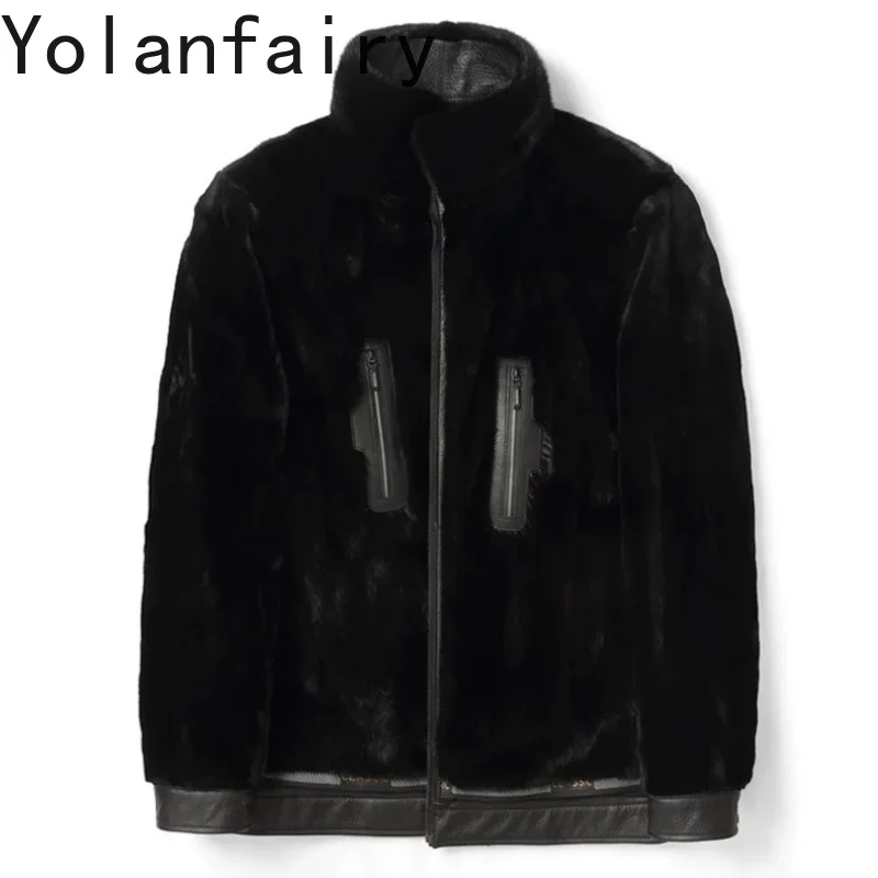 YOLANFAIRY Luxury 100% Real Fur Coat Men Winter Genuine Deerskin Leather Jacket Short-2-grade Mink Fur Liner Natural Fur Parkas