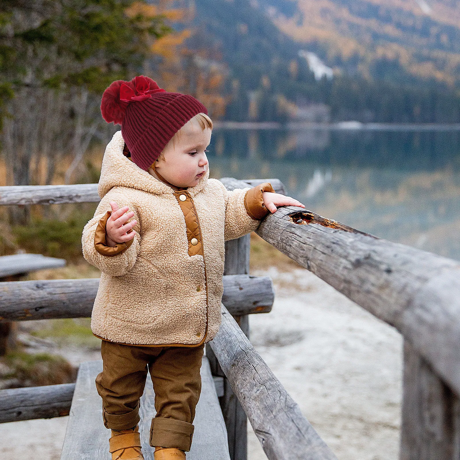1Pcs Children Knitting Hat Warm Elastic Soft Knitted Bow Decor Kids Hat Double Balls Design Winter Outing Autumn Wear