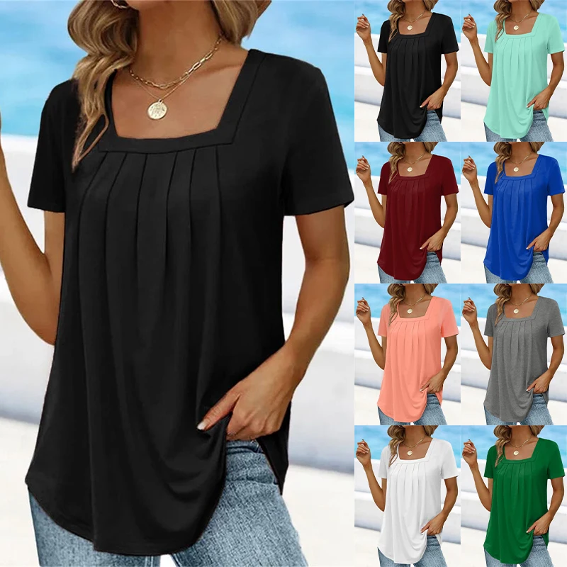 Women's Fashion Short sleeved Summer Short sleeved T-shirt Solid Color Rugged Square Neck Short sleeved Loose T-shirt Plus Size