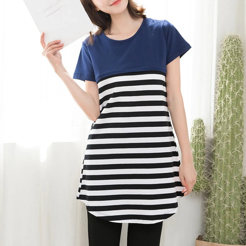 New summer Pregnancy Clothes Women Maternity Short Sleeve Striped Layer Nursing T-shirt Top For Breastfeeding женская одежда