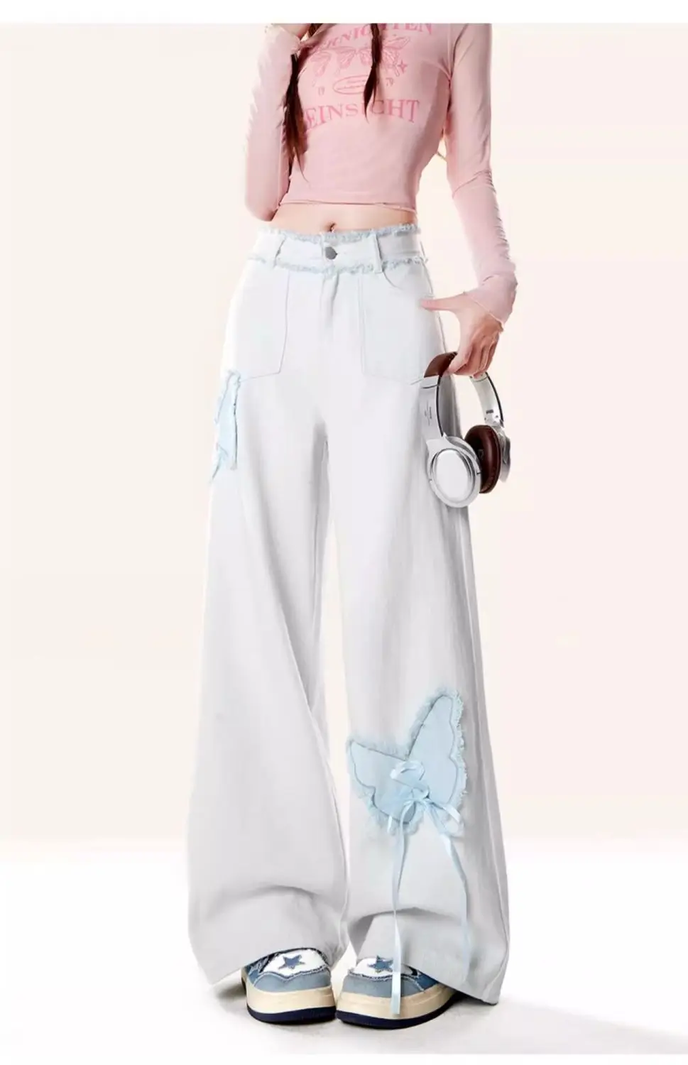 

Женские винтажные джинсы Y2k с вышивкой бабочкой, Harajuku, корейские модные широкие брюки в стиле ретро, уличная одежда, прямые брюки