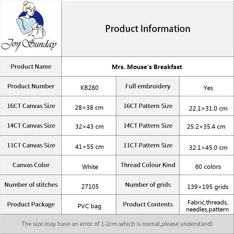 Joy Sunday Cross Stitch Complete Kits Mrs. Mouse\'s Breakfast Pattern Handmade 16CT 14CT 11CT DIY Embroidery Room Home Decor