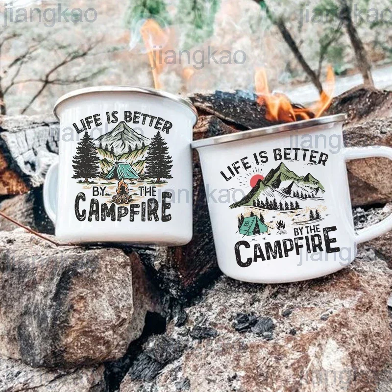 Life Is Better By The Campfire Printed Camper Mugs Camping Enamel Mug Adventure Campfire Party Beer Juice Cup Gifts for Camper