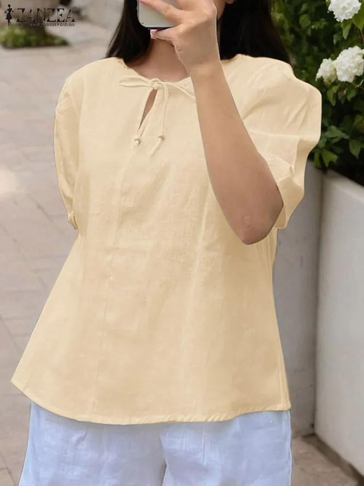 ZANZEA Women Casual Blouse Fashion Shirts Short Sleeve O-Neck Bandage Tunic Tops 2025 Summer Loose Solid Color Elegant Blusas