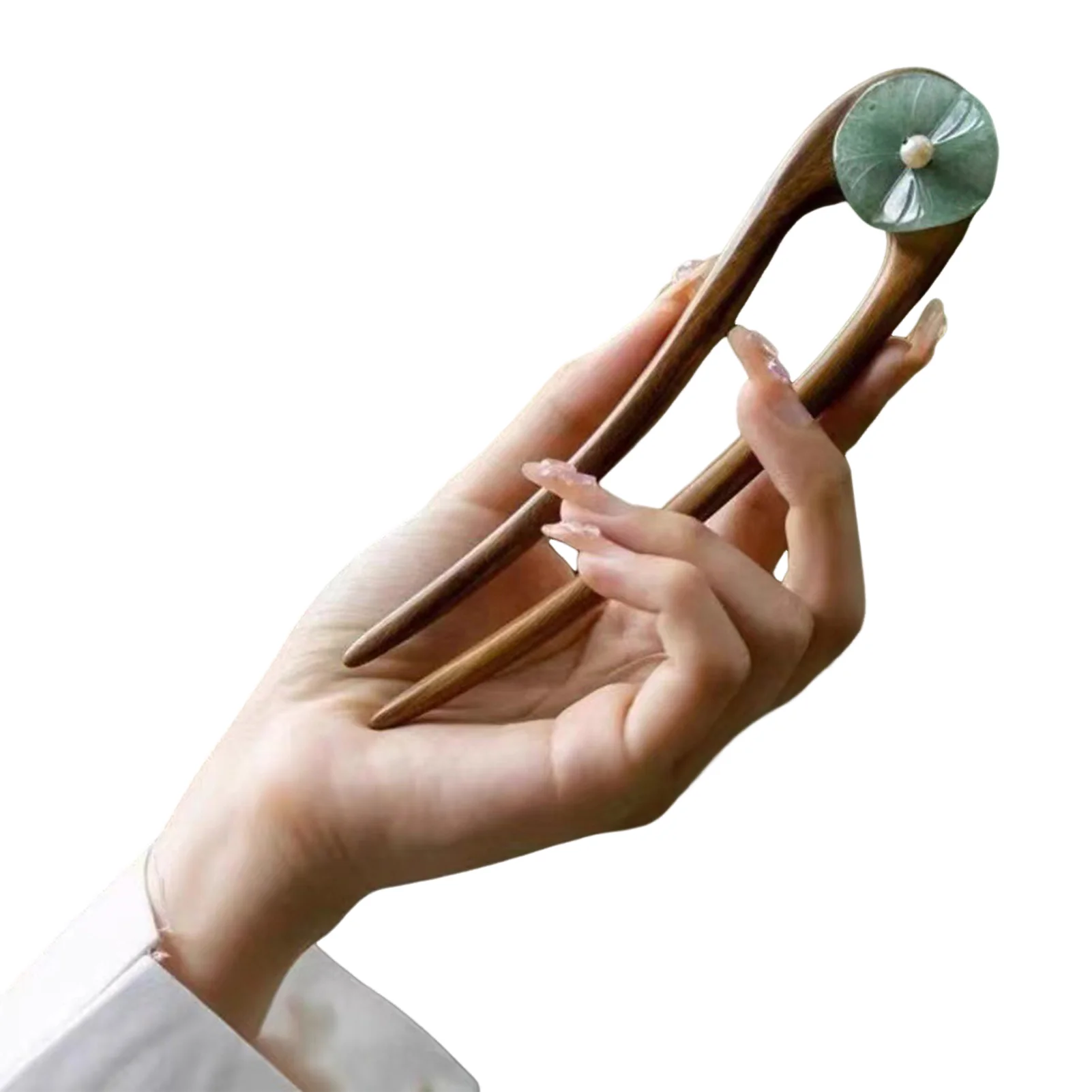 U Shape Simple Women\'s Hairpin New Chinese Style Jade Lotus Leaf Wooden Hair Stick Elegant Vintage Hanfu Hair Accessories