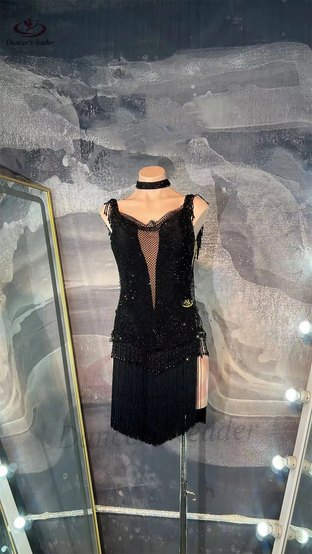 Vestido de baile latino AB Stone para mujer y adulto, vestido de flores de malla de diamante negro personalizado de gama alta, vestido de Samba de piscina negro