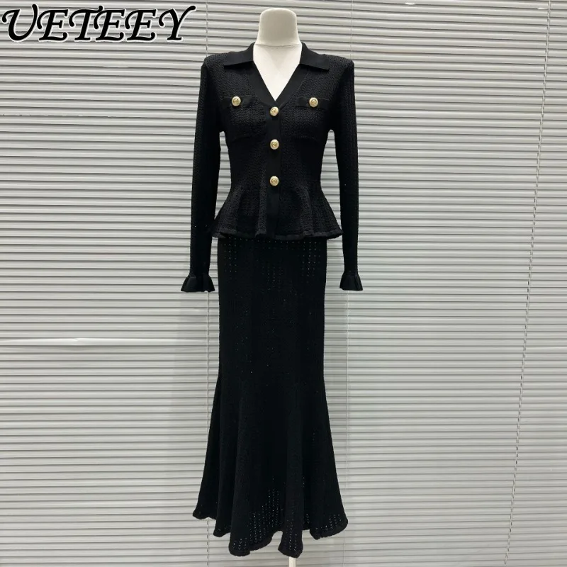 2025 ฤดูใบไม้ร่วงใหม่ภาษาฝรั่งเศสคําคนดังอารมณ์Elegant SlimmingแขนยาวVคอRuffle Edge Top + เอวสูงชุดกระโปรงยาว