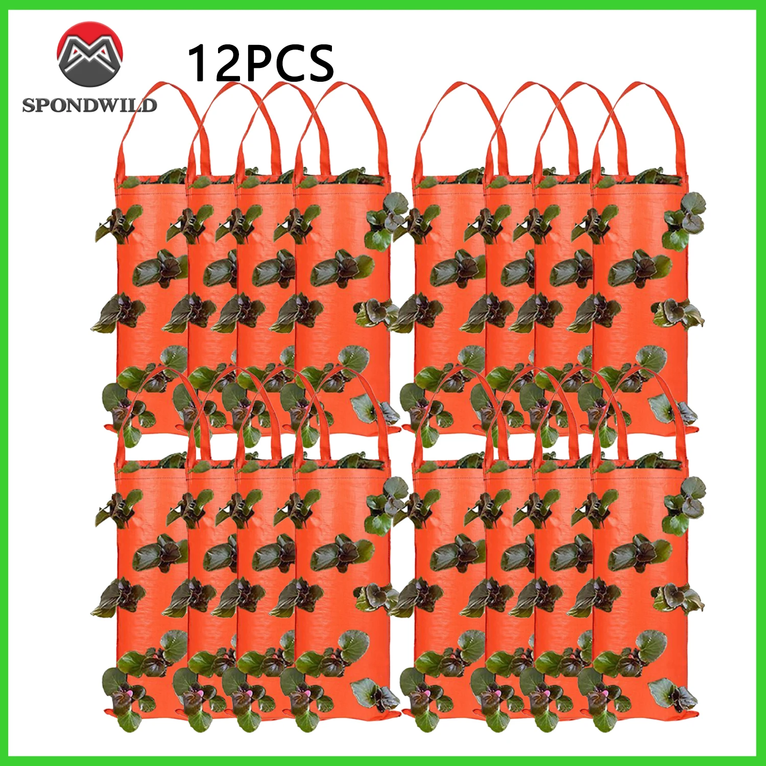 12-Pack Hanging Strawberry Bag, 8-Pocket Orange PE Vertical Planter for Balcony Garden, Indoor Outdoor Space Saving