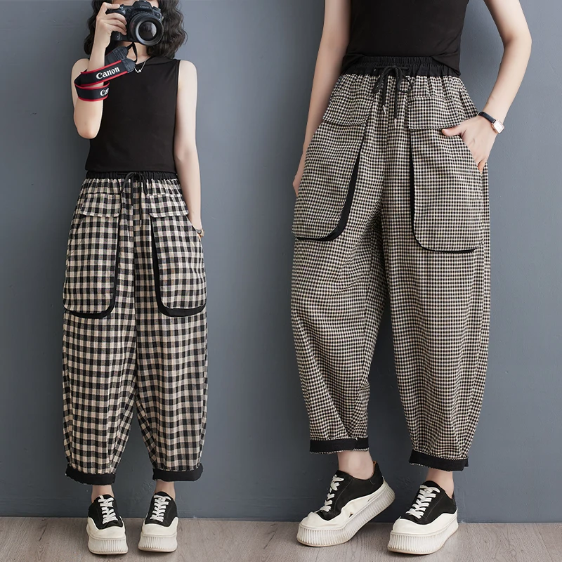 

Свободные повседневные брюки в клетку в стиле ретро, женские летние брюки больших размеров MM Personali, широкие брюки Harlan с девятью очками