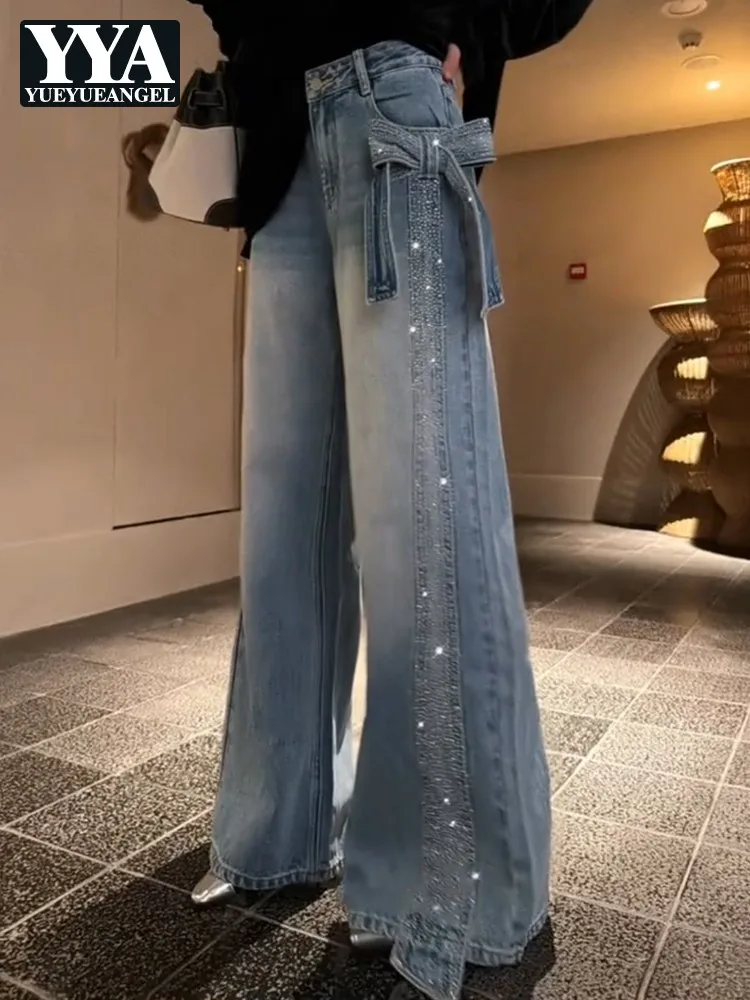

Женские весенние модные джинсы с бантом, синие, полной длины, для офиса, с высокой талией, свободные, с блестящими стразами, широкие брюки из денима, повседневные штаны