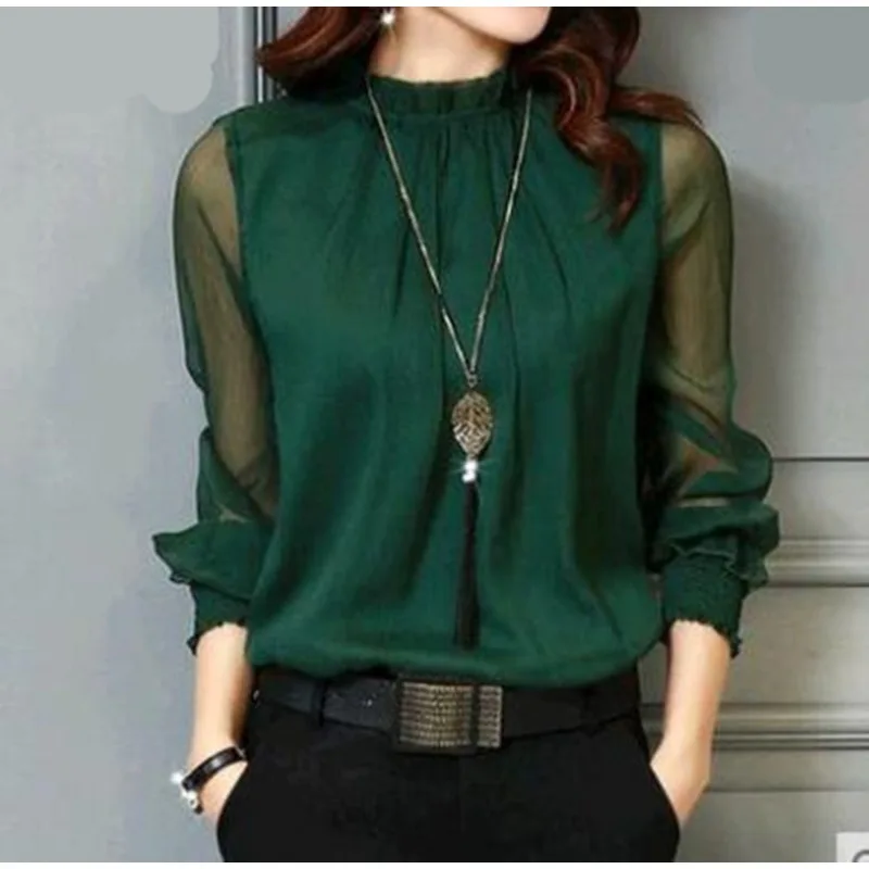 Camicia Trasparente a Maniche Lunghe da Donna con Collo Alto