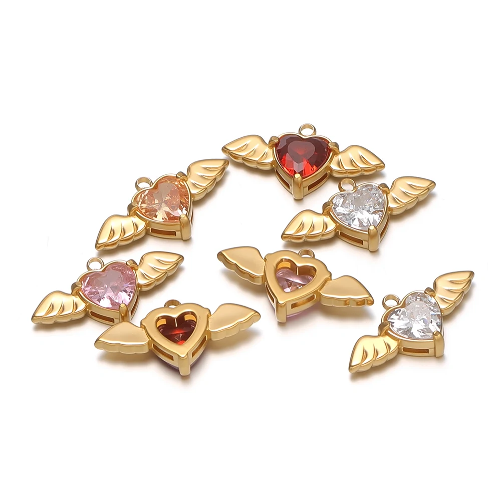 4 Stück Edelstahl-Flügel-Herz-Zirkon-Anhänger für DIY-Exquisite-Ohrringe, Armbandherstellung, Kinder-Halsketten-Charms, Schmuckzubehör – Detail 3
