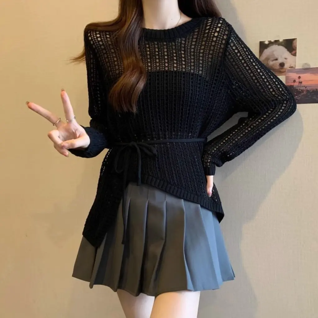 

Женская ажурная трикотажная блузка с длинными рукавами для похудения, свободный однотонный осенний топ, нежный стиль, дизайн с тонкой талией