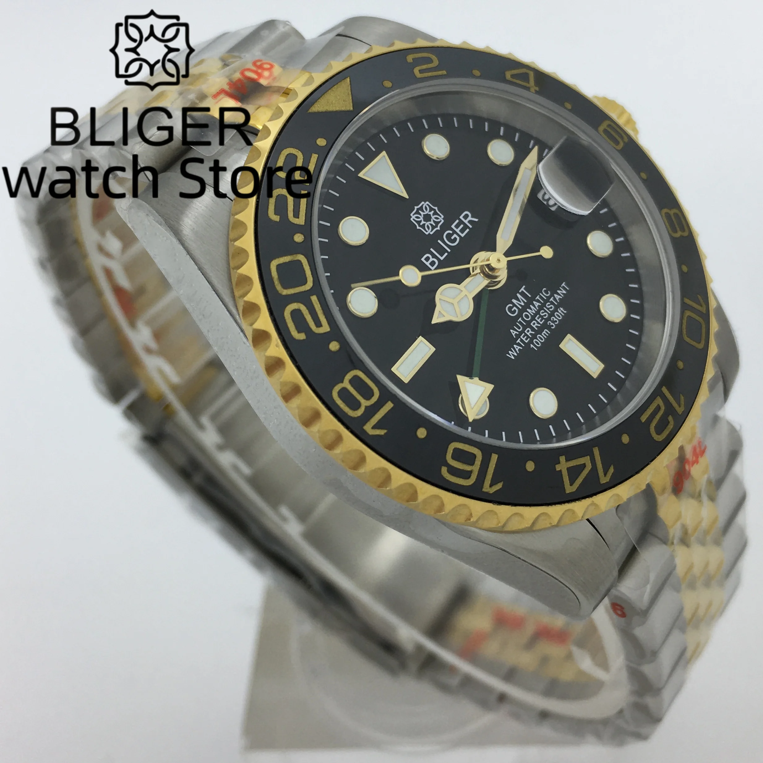 Bliger40mm Gold Silver Case Automatic Men's Watch Sapphire glass NH34 gmt Automatic Date Window Metal strap Ceramicluminousbezel