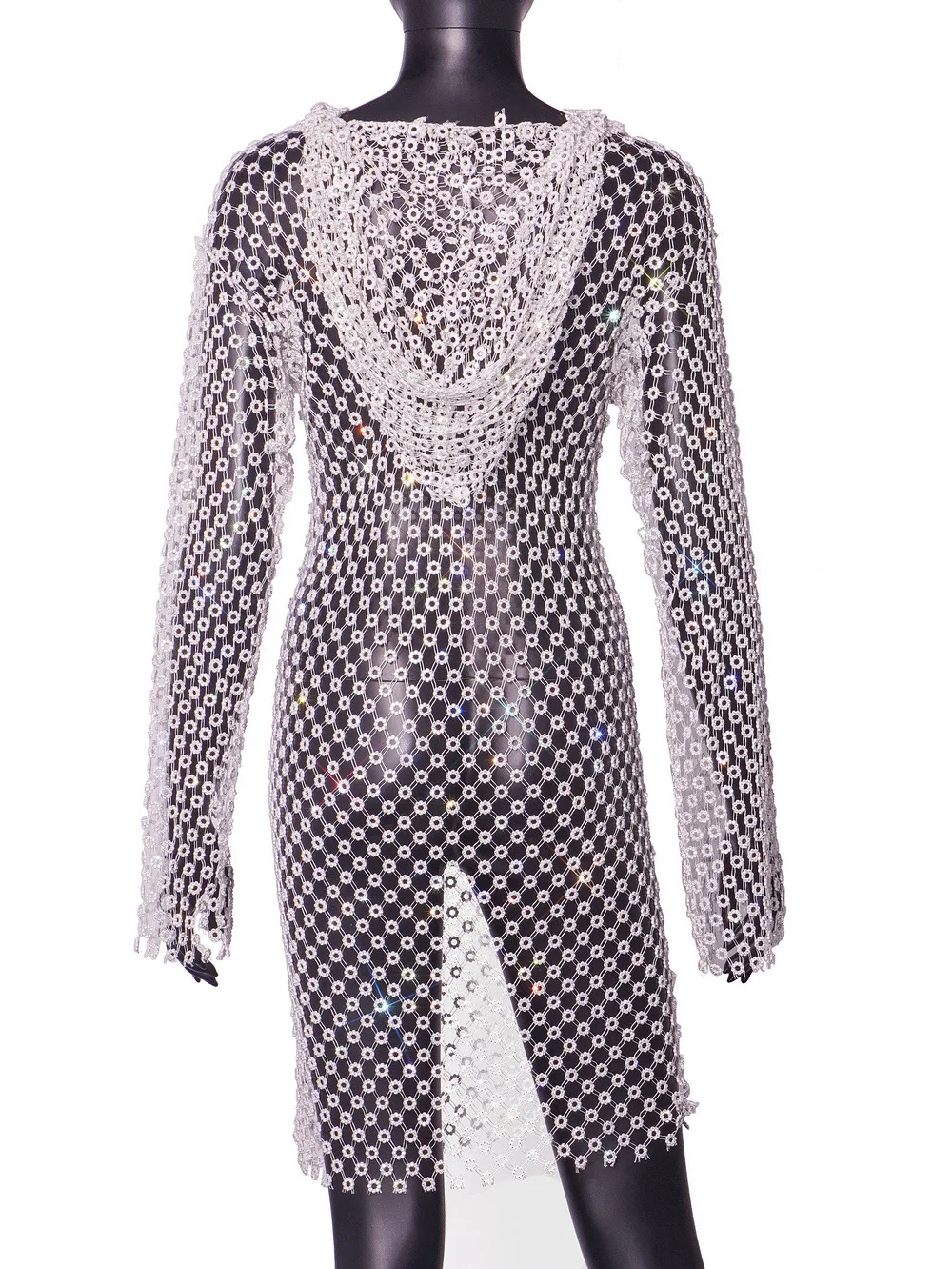 2024 Long Sleeve Fishnet Rhinestone Dress Sexy Cutout V-neck Hooded Long Sleeve Narrow Trendy Dresses