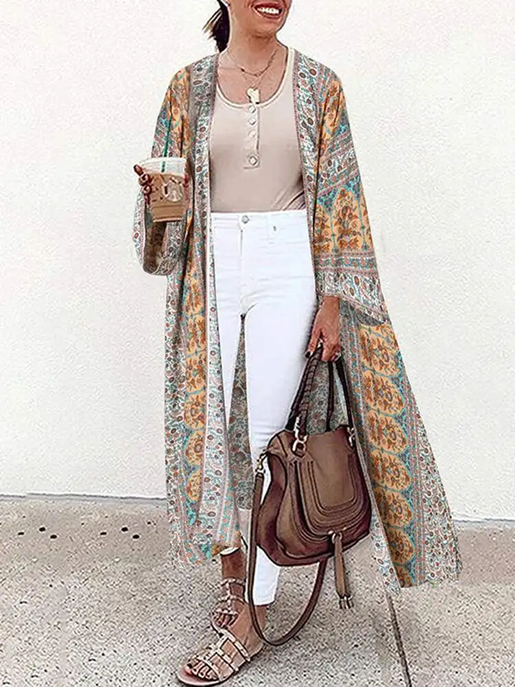 Sommer Bohemian Floral Lange Strickjacke Frauen Gedruckt Strand Urlaub Kimono Tops ZANZEA Vintage 3/4 Hülse Blusas Lose Lange Shirt