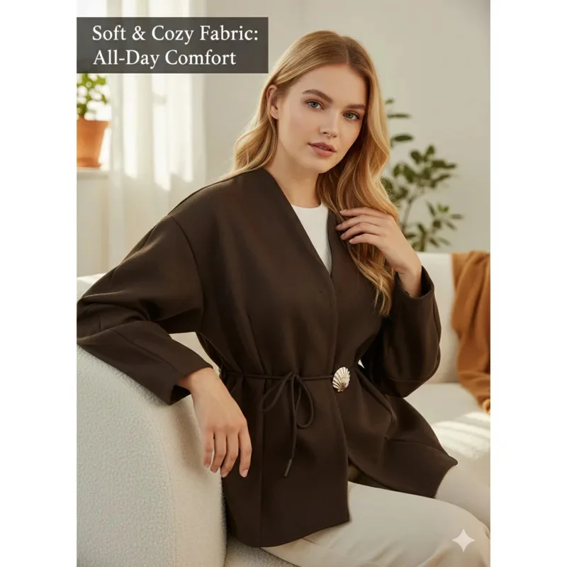 

Шикарное женское однотонное шерстяное пальто с длинными рукавами и завязкой на талии Элегантный свободный крой для осенней повседневной носки Куртка в уличном стиле