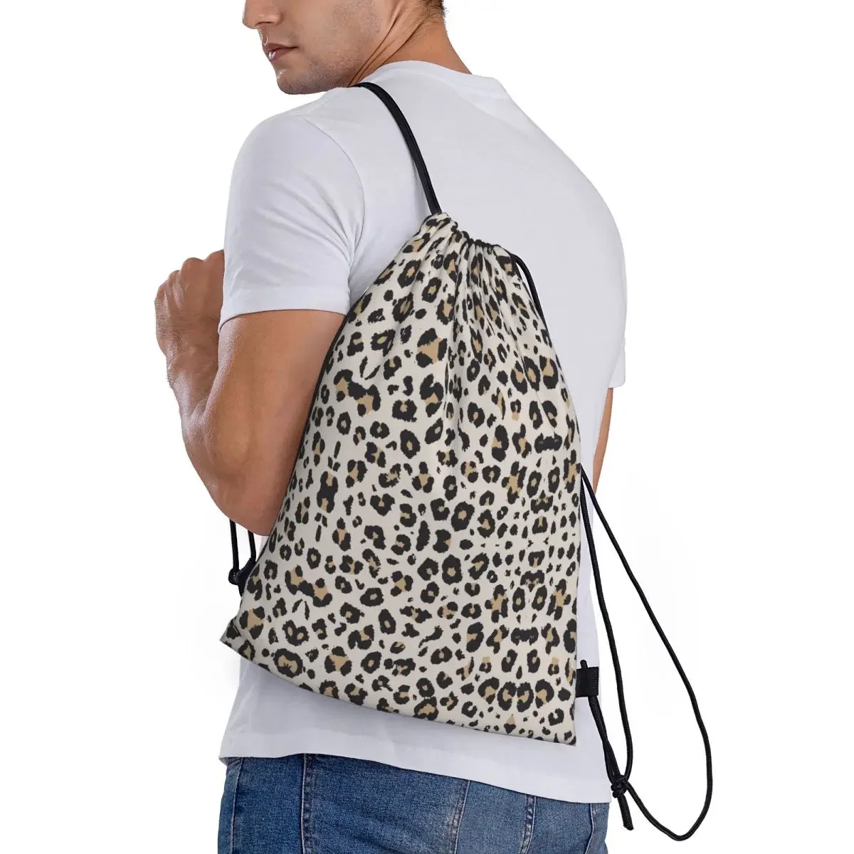 Custom Leopard Pattern Texture Drawstring Backpack Sports Gym Bag for Women Men Training Sackpack