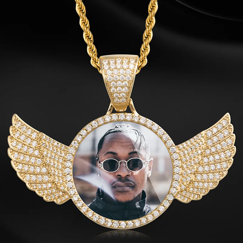 Custom Photo Frame Memory Necklace AAA Cubic Zircon Bling Iced Out Angel Wing Medallions Pendants Necklace Men Hip hop Jewelry