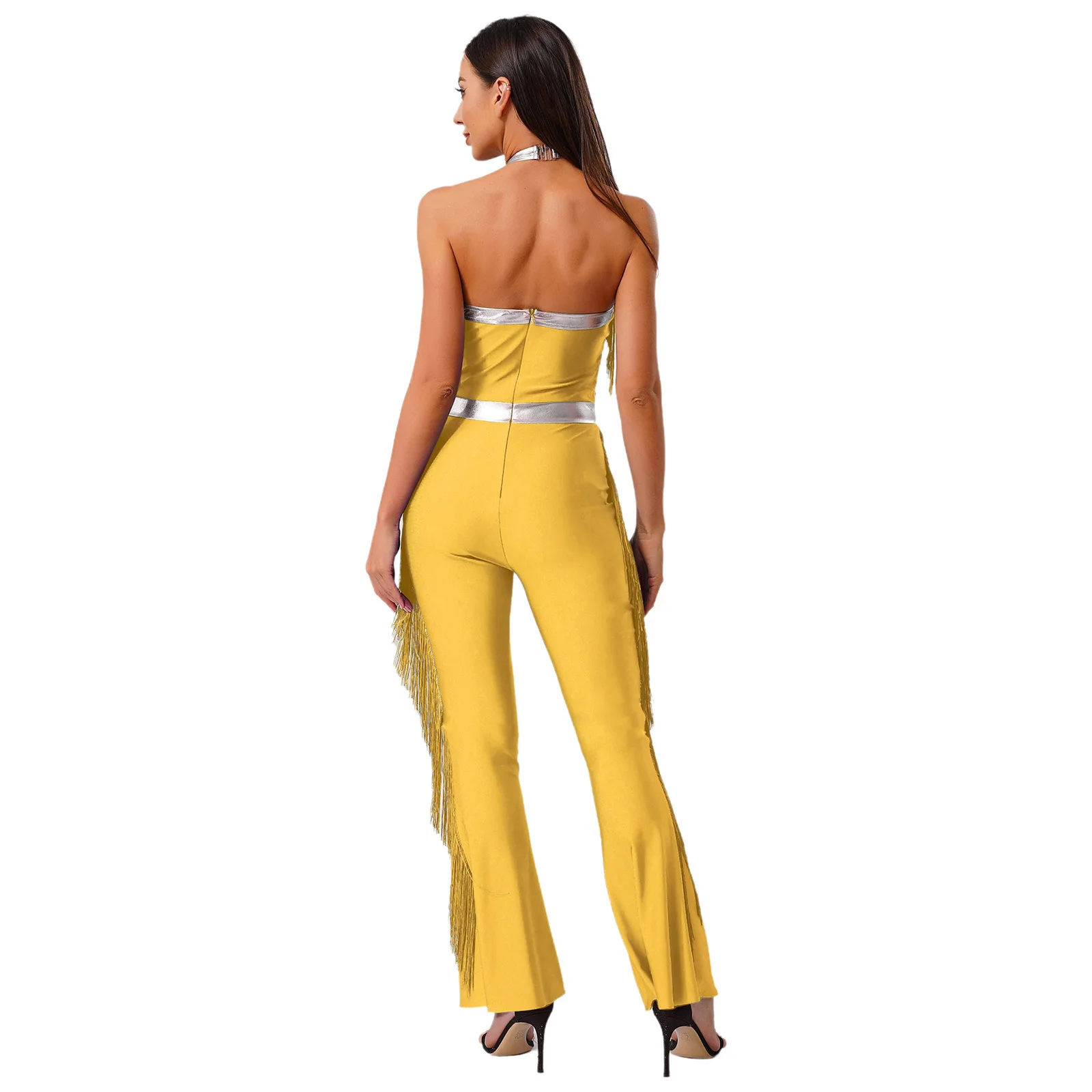 

Women Fashion Shiny 70s Disco Party Dance Rompers Halter Bodice Metallic Flared Pants Jazz Waltz Stage Performance Jumpsuits