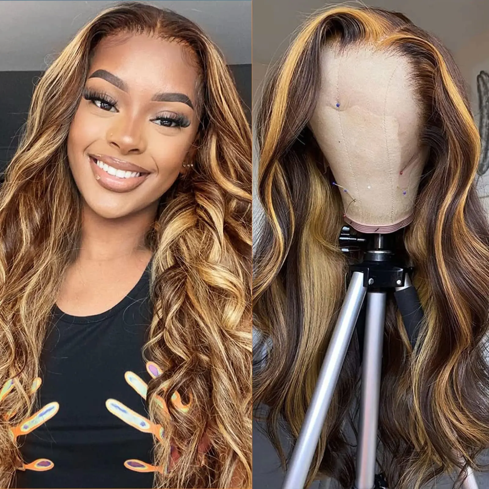 Body Wave P4/27 Highlight Lace Wigs Human Hair Wig 13x4 Lace Frontal Human Hair Wigs 180 Density Pre Plucked With Baby Hair