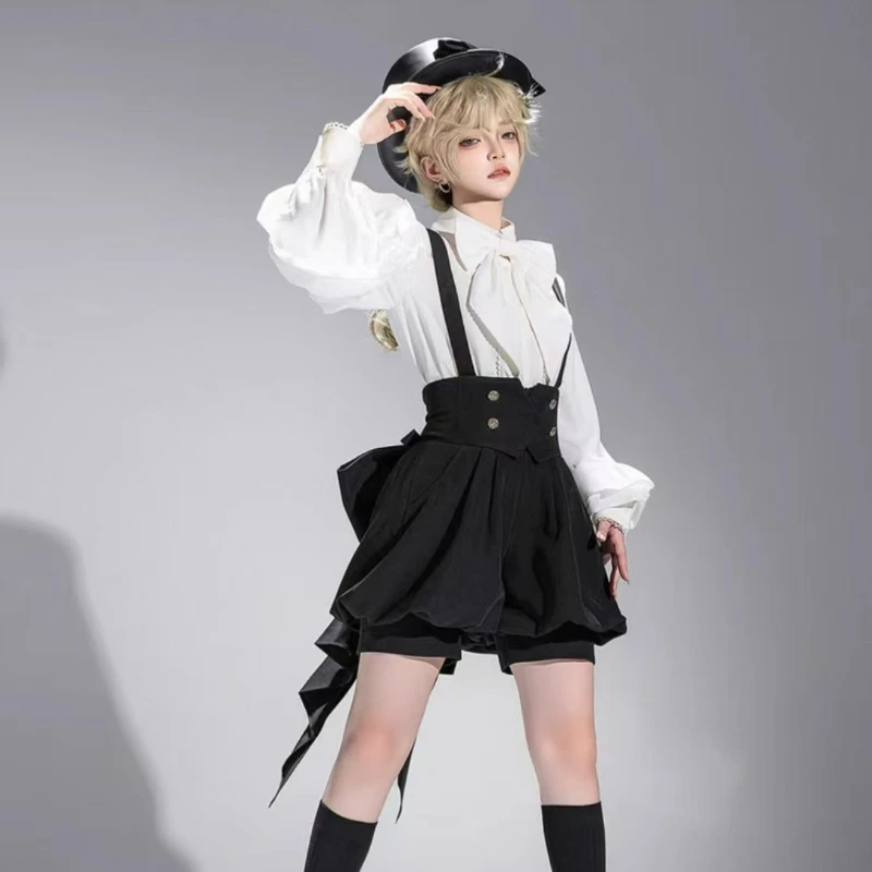 

Japanese Gothic Y2k 2 Piece Set Women Sweet White Bow Shirts Trailing Black Strap Skirt Mini Pants Casual Vintage Princess Suit