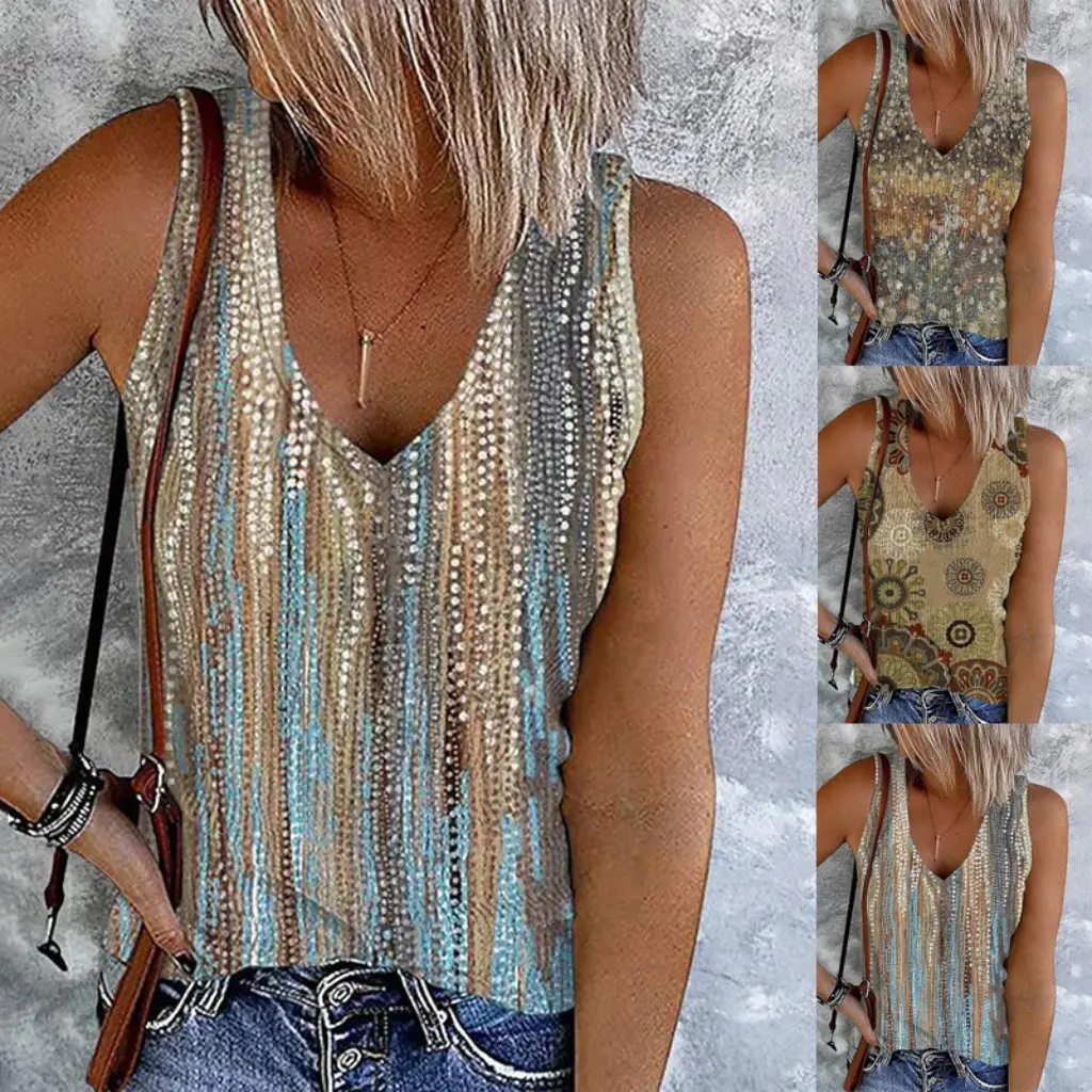 

Summer Women's Casual Slimming T-shirt V-neck Sleeveless Printed Vest European American Style Hot Selling