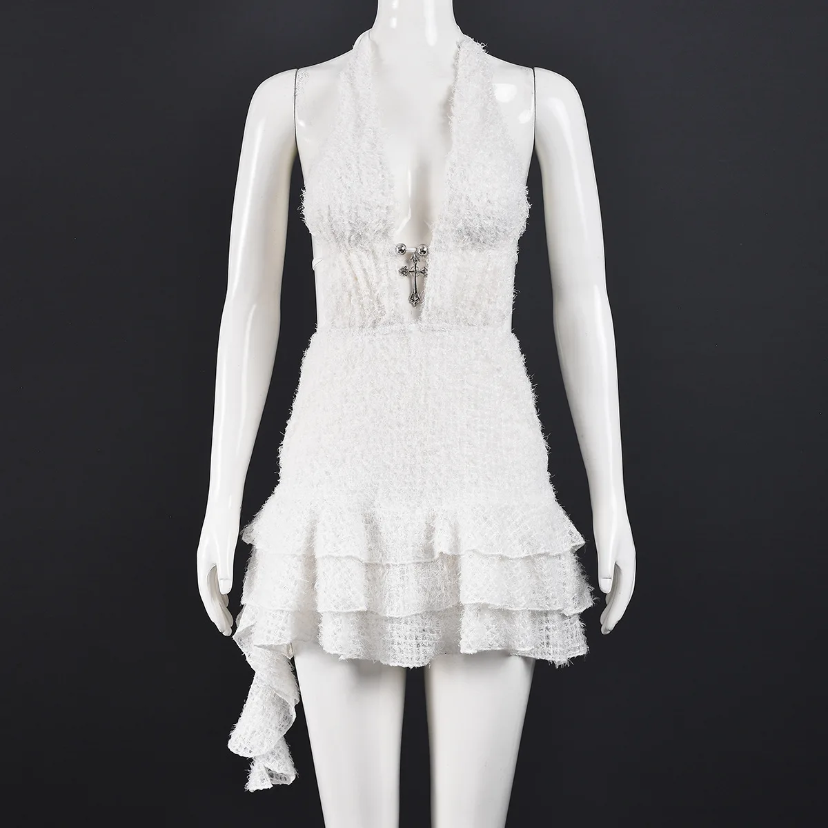 Vestido de punto con volantes y cuello Halter para mujer, minivestido de noche con falda de burbuja, Sexy, ceñido al cuerpo, ajustado, para vacaciones, con espalda descubierta