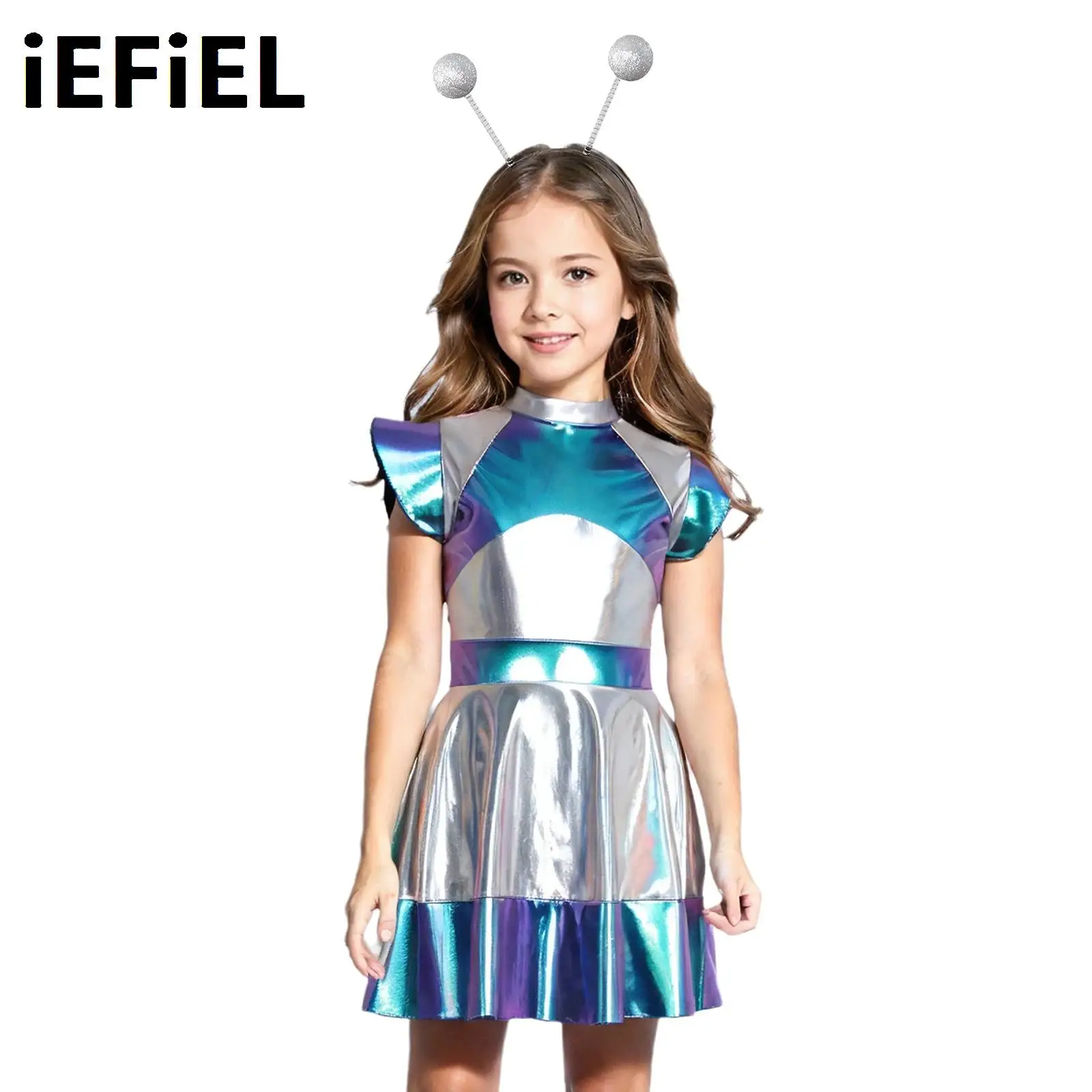 

Kids Girls Alien Role Play Costume Set Outer Space Cutie Costume Dress with Funny Alien Hair Hoop Accessory for Halloween