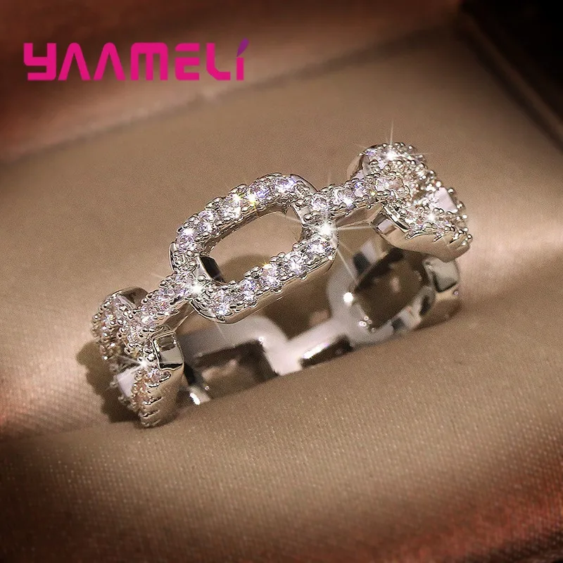 Trend Square Loop Geometric Ring Exquisite 925 Sterling Silver CZ Rhinestone Hollow Wedding Band Bague for Women