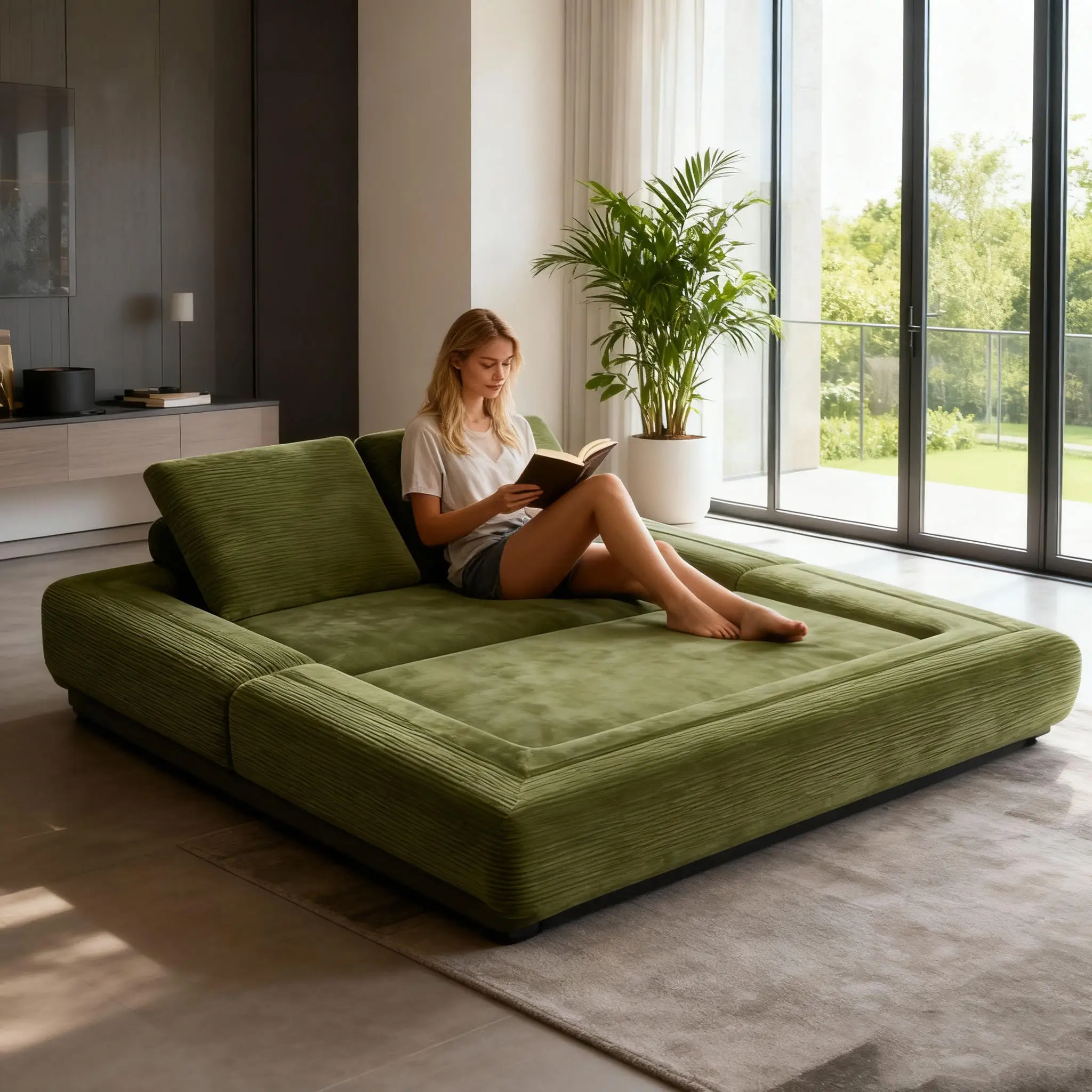 Modern Compressed Folding Fabric Sofa Bed Green Cloud Lounge Chaise Set Boneless Design For Three Seas Living Room Couch In Box