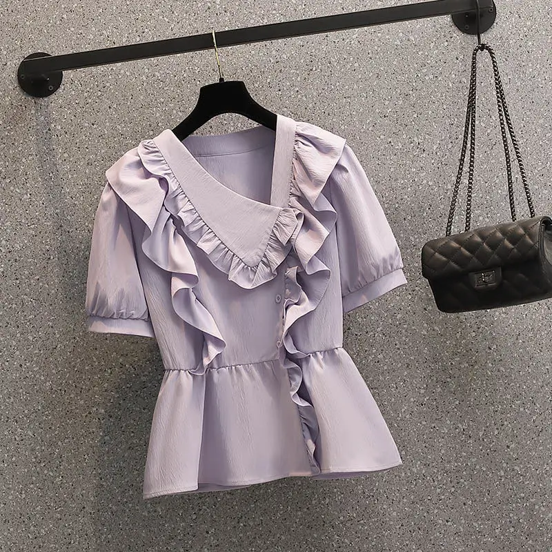 

Ruffles Pleated Irregular Elegant Blouse Summer New Short Sleeve Solid Loose Temperament Shirt Tops Fashion Office Women Clothes