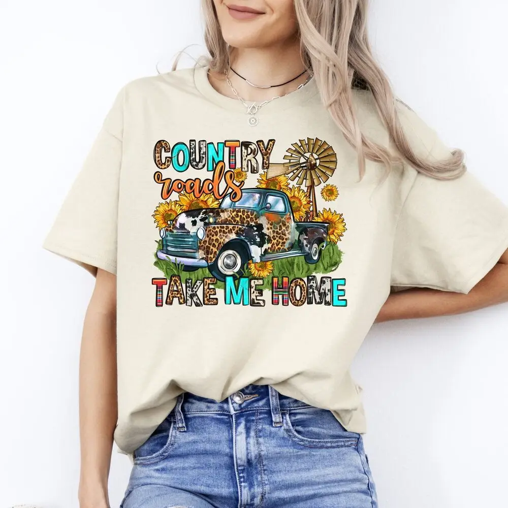 Western country track T-Shirt sunflower cow skin windmill Unisex tee White Sand High Quality 100%Cotton Short Sleeve