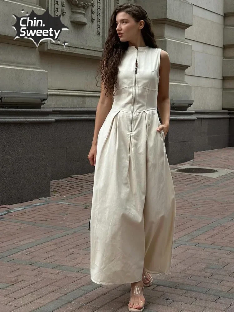 

Женское длинное платье без рукавов, элегантное однотонное модное приталенное хлопково-льняное платье на молнии с V-образным вырезом, Офисная Дамская одежда, лето 2024