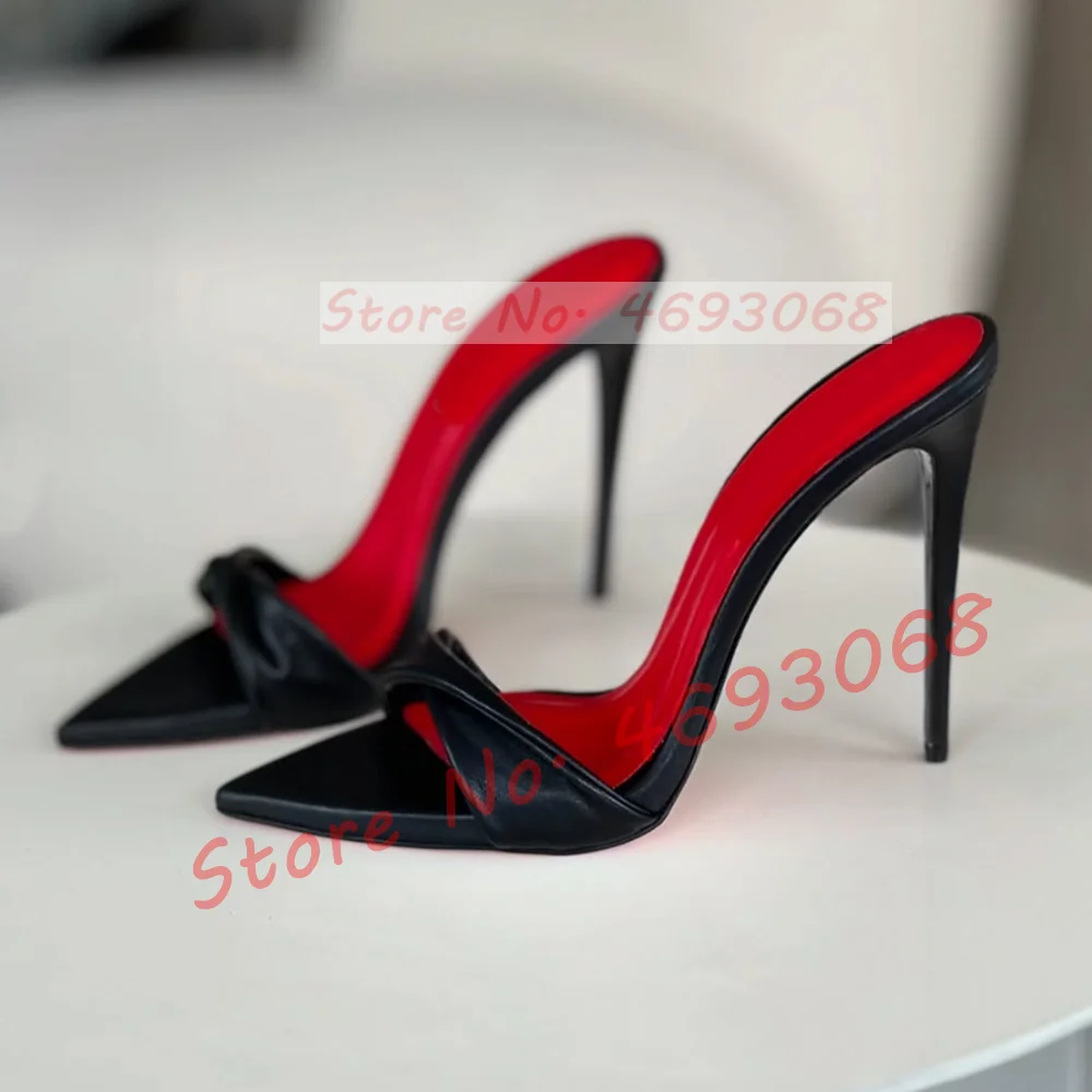 Black Twist Strap Stiletto Mules Women Sexy Red Insole High Heels Ponted Toe Slippers Ladies Stylish Outside Catwalk Party Shoes