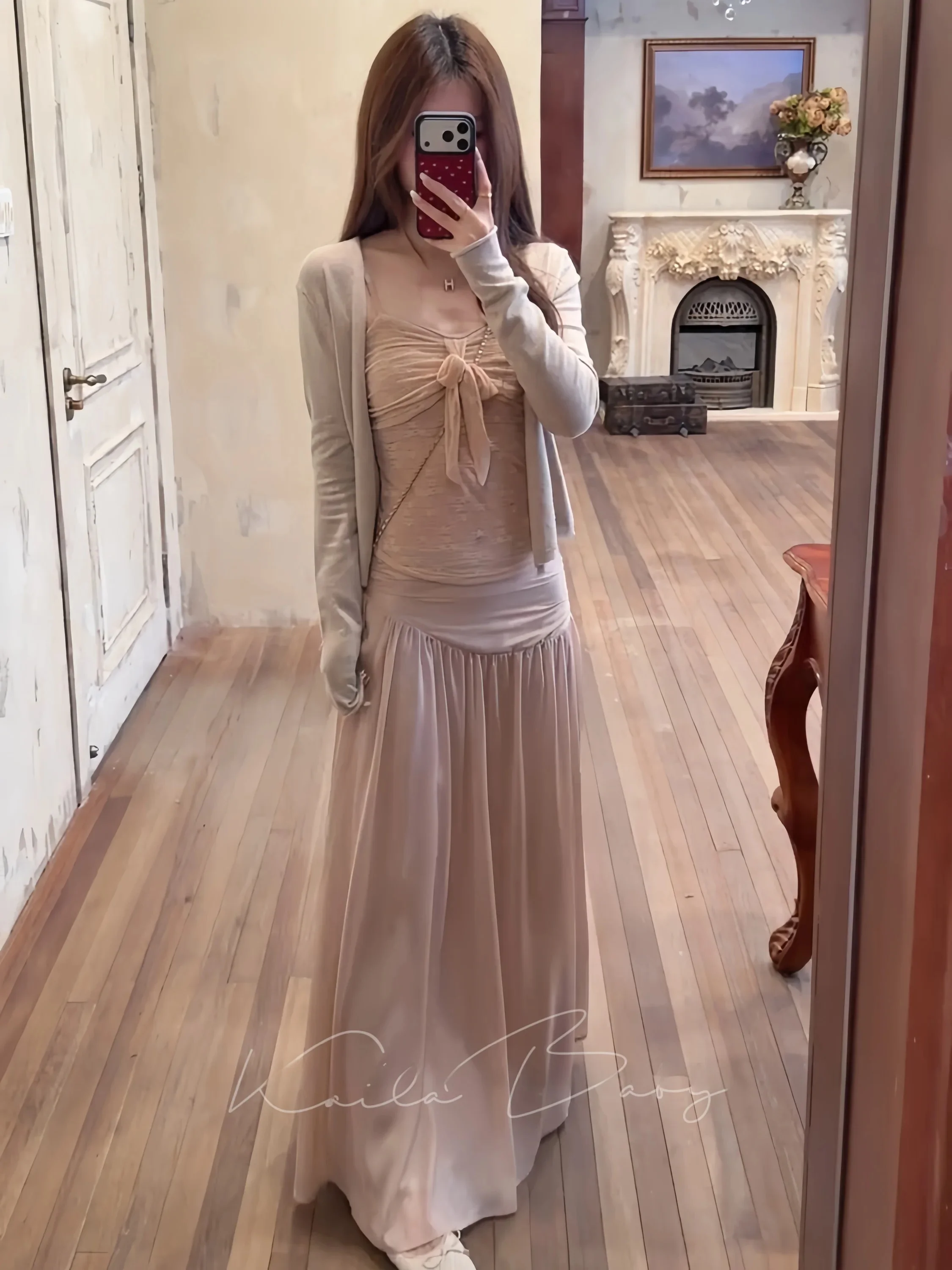 

Comfortable Elegant Korean Style Three-Piece Set with Gentle Texture See-Through Micro-Breathable Long Sleeve Top And High Wa...