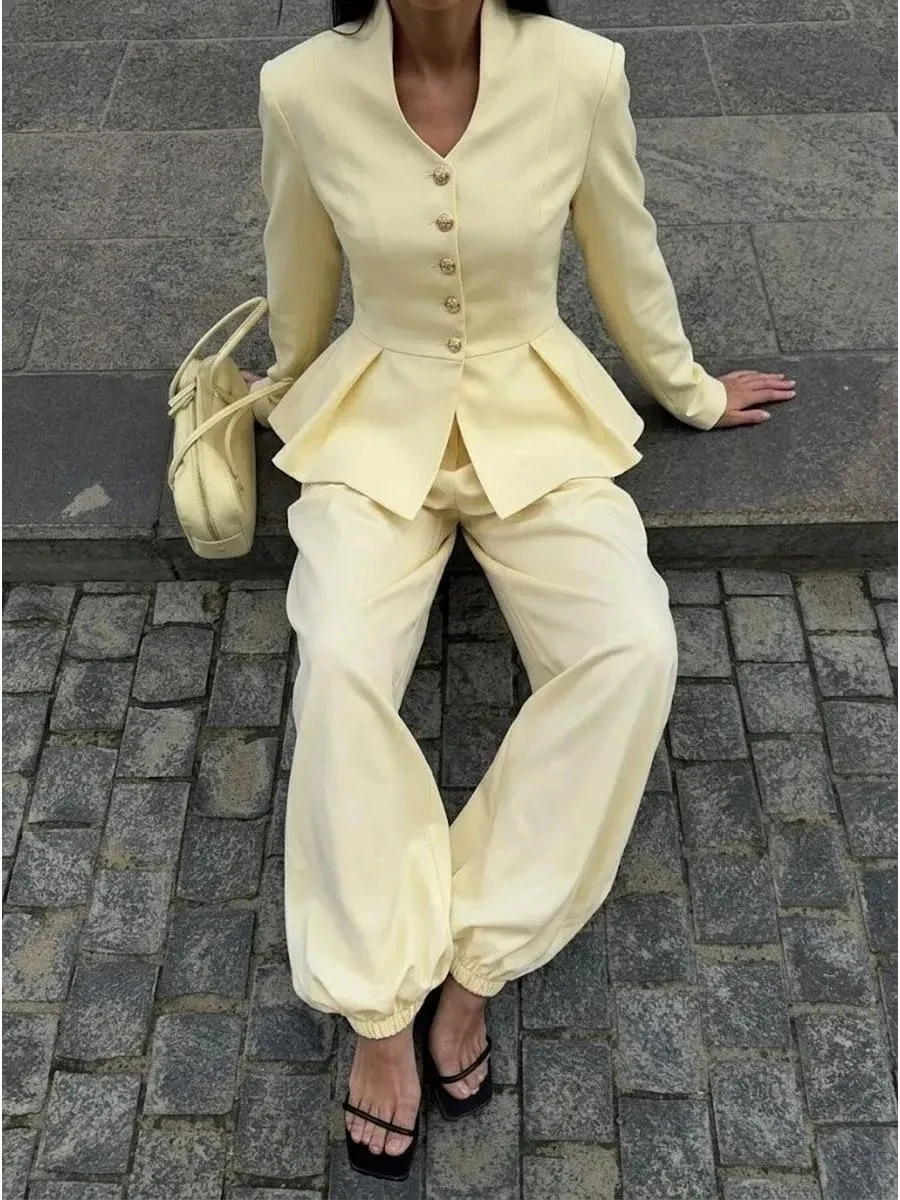 Laru 2026 Light Yellow Peplum 2Pcs Women Suit V Neck Button Blazer Elastic Cuff Pants Elegant Office Summer Matching Set view 3