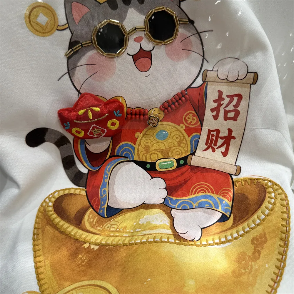 Camiseta de manga corta de longitud media para mujer, ropa estética, diseño de algodón, estilo Año Nuevo, gato de la fortuna, principios de primavera, 2026