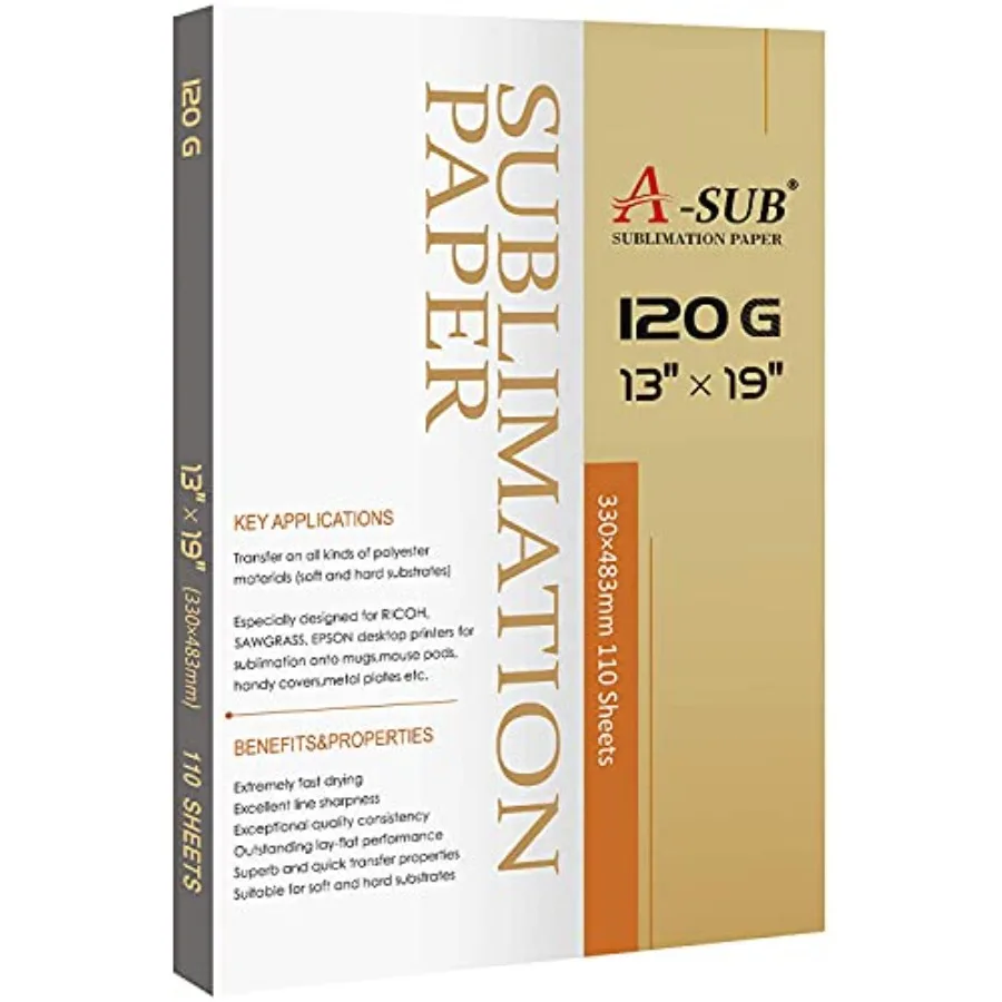 

Сублимационная бумага 13x19 дюймов, 120 г/м², 110 листов — совместима с струйными принтерами и сублимационными чернилами, высокая эффективность переноса.