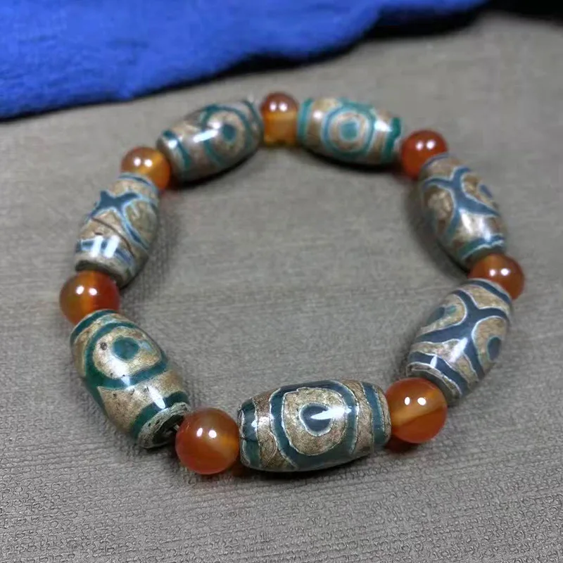 Natural Tibetan Old Agate Three Eye DZi Bracelet, Men's and Women's Simple