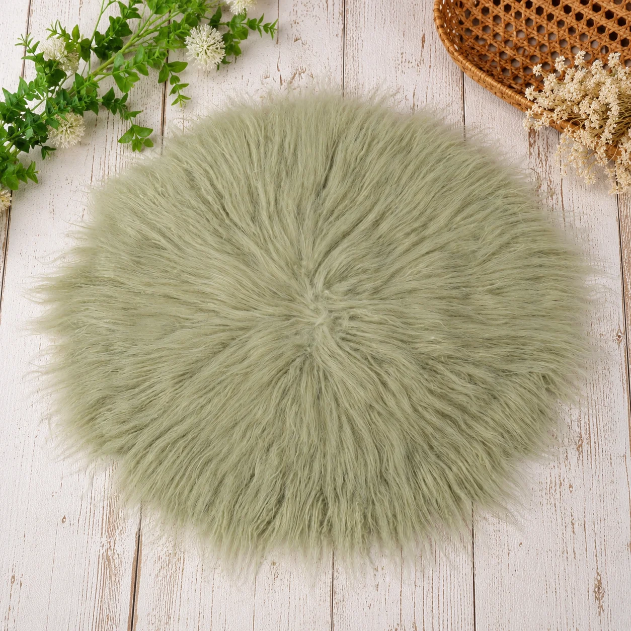 Newborn Photography Props Round Faux Fur Rug Fluffy Long-Pile Posing Mat for Basket and Bowl Baby Posing Layer Studio Photos