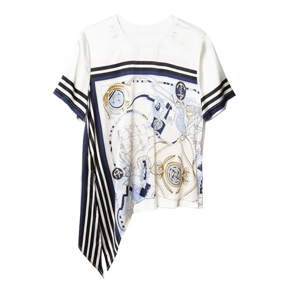 

Новая летняя женская стильная футболка с короткими рукавами и асимметричным дизайном, доступная роскошная свободная футболка для похудения, нишевая мода