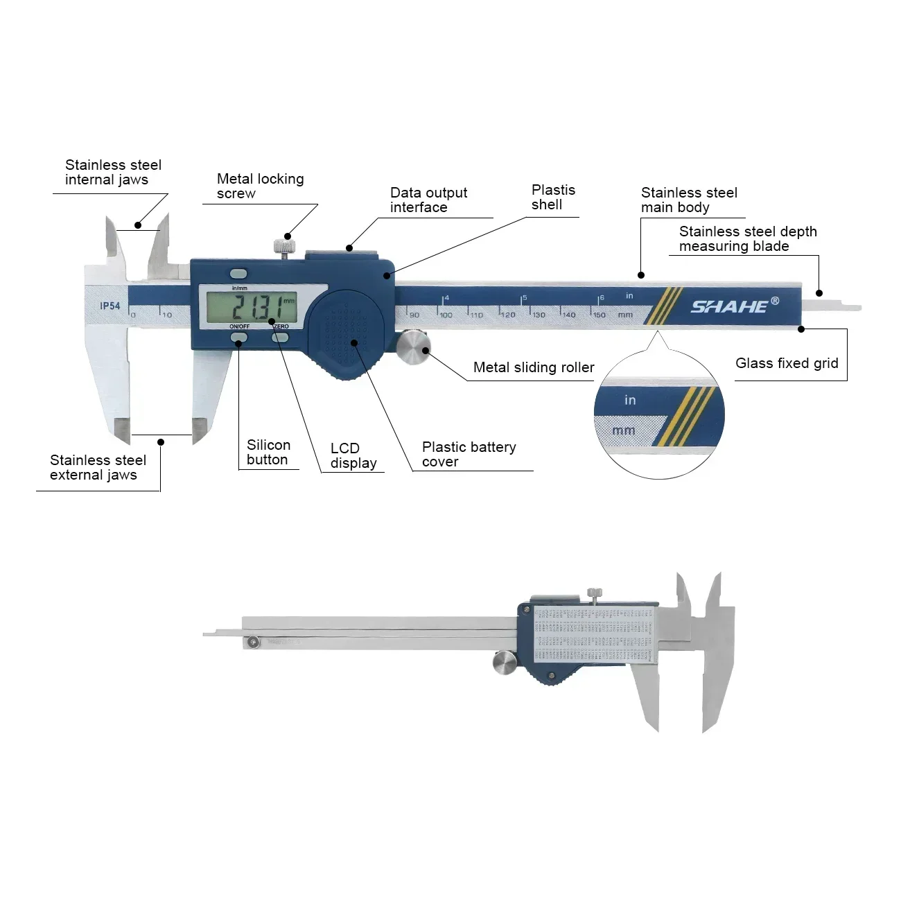 SHAHE IP54 Kỹ Thuật Số Chống Thấm Nước Thước Thép Không Gỉ Điện Tử Vernier Caliper 150 Mm Dụng Cụ Đo Béc Thước