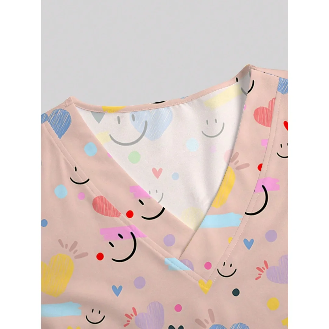 Rosa com decote em v manga curta bolso duplo fenda lateral adorável dos desenhos animados coração rosto impressão enfermeira médico trabalho uniforme roupas de manga curta