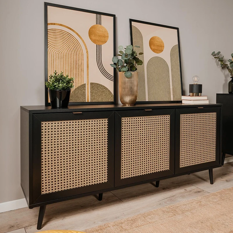 

3 Door Black Wood Modern Luxury Rattan Sideboard Buffet Cabinet Household Furniture