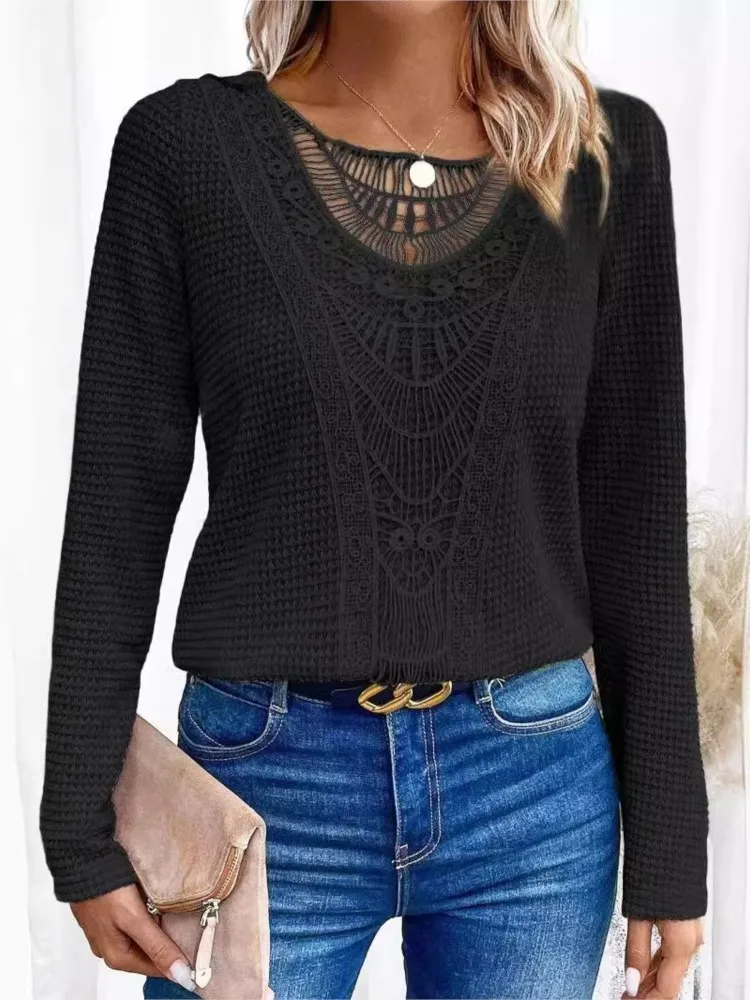 Autumn Winter Knitted Long Sleeved Top Women\'s Fashion Solid T-shirt Mesh Stitching Casual Loose Office Knitted Pullover Tops