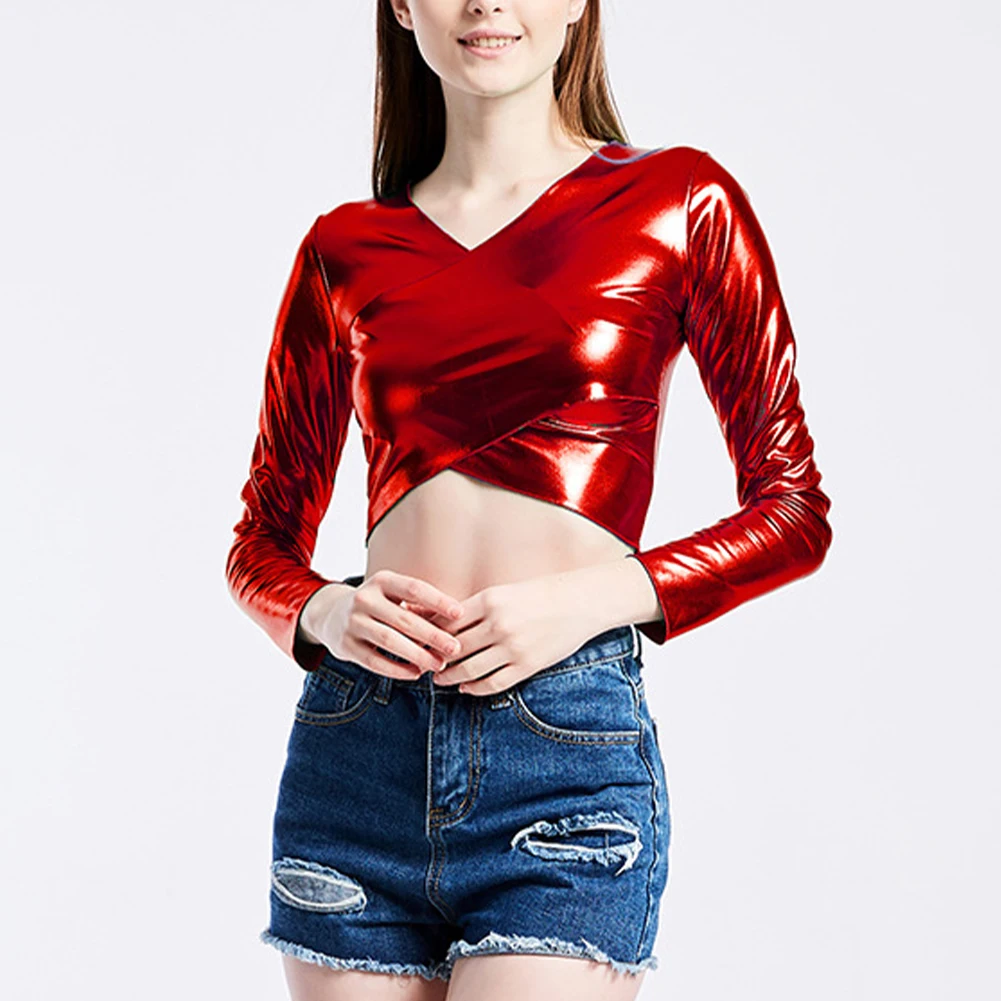 Women Faux Leather Shiny Wetlook Crop Top Long Sleeve V-neck Top Dance Clubwear