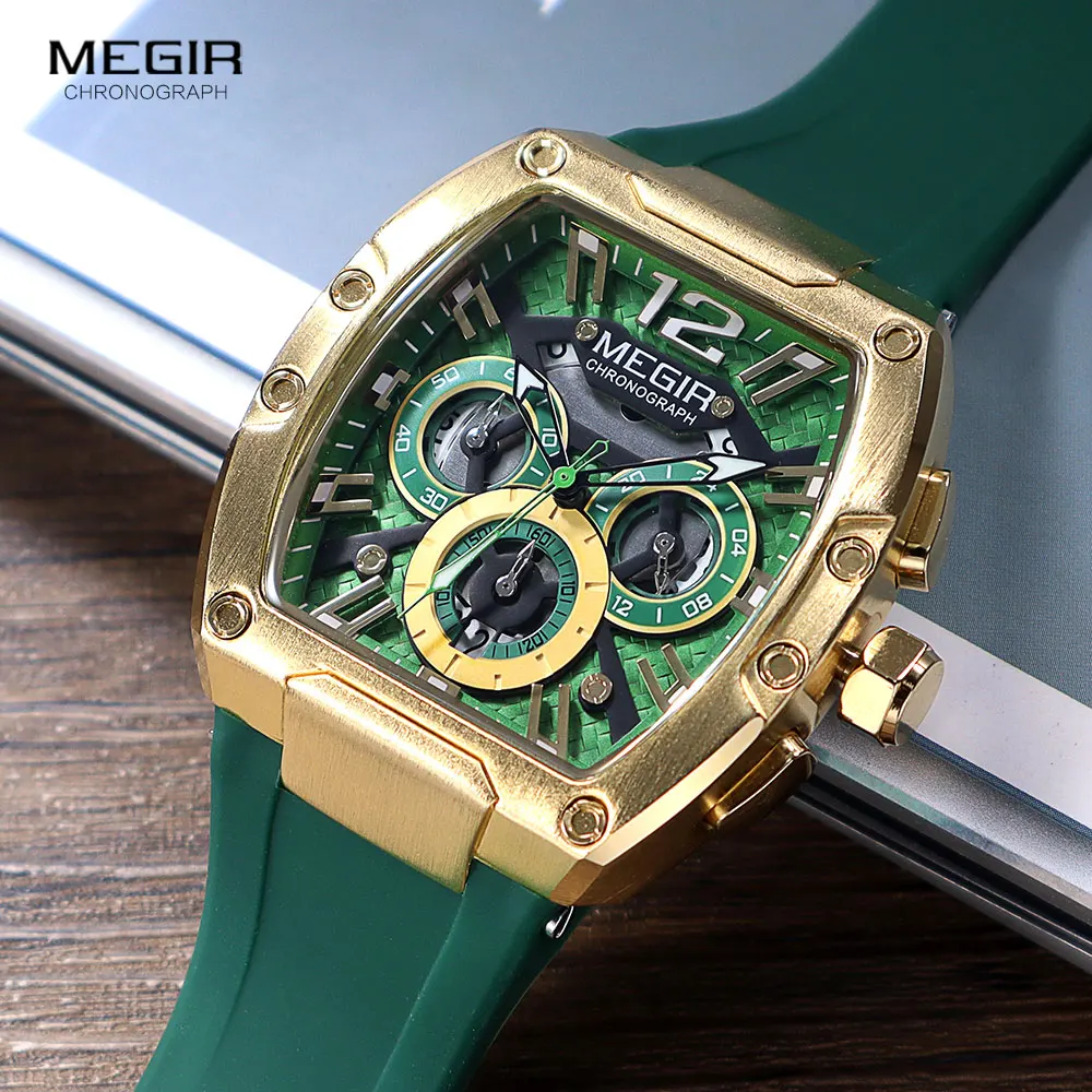 MEGIR Fashion Sport Quartz Watch for Men Waterproof Golden Green Silicone Strap Chronograph Wristwatch with Date Luminous Hands